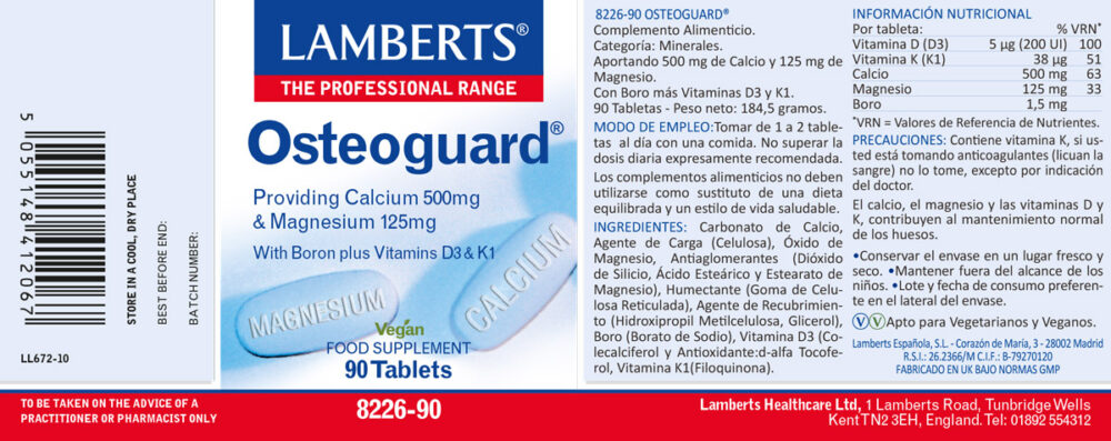 Etiqueta del Osteoguard®. Calcio, Magnesio, Boro, Vitaminas D3 y K1 de 90 tabletas Lamberts con sus propiedades e indicaciones