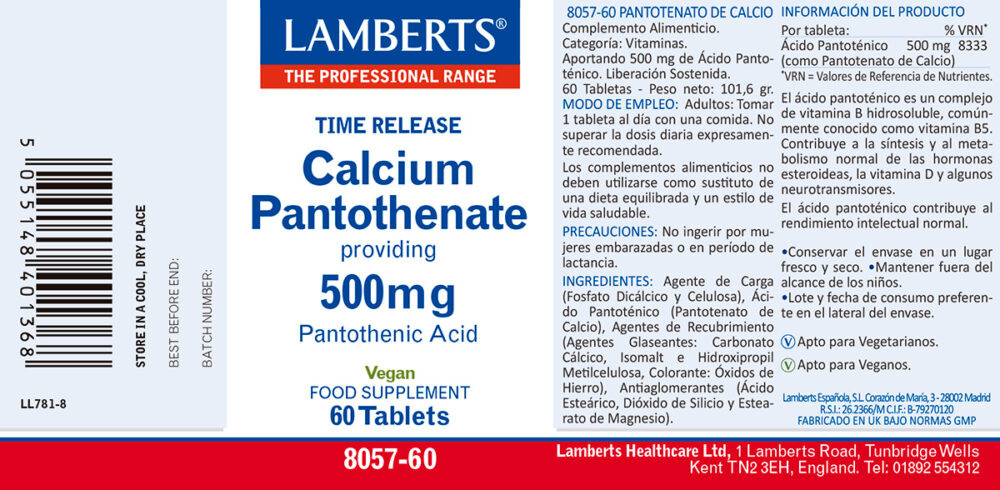 Etiqueta del Ácido Pantoténico o Vitamina B5 Lamberts con sus propiedades e indicaciones