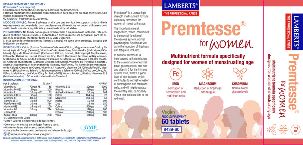 Etiqueta del multivitaminico Premtesse con sus propiedades e indicaciones