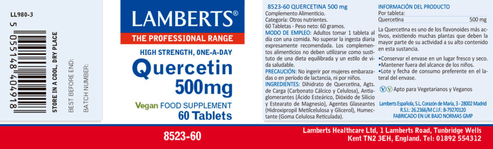 Prospecto de la Quercetina 500 mg Lamberts con sus propiedades e indicaciones