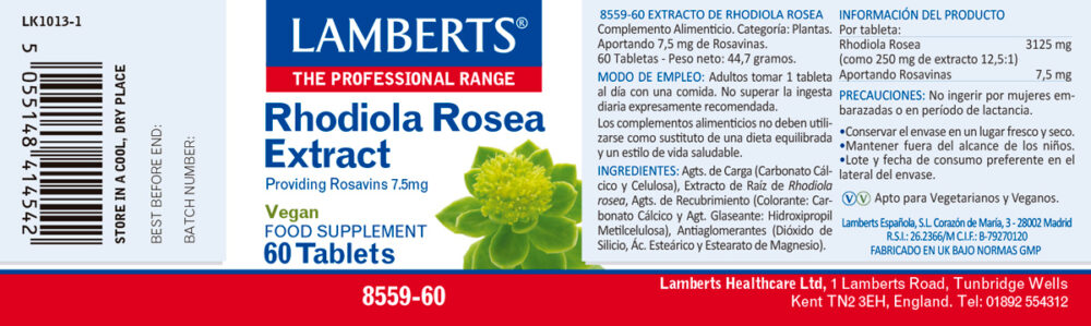 Etiqueta de la Rhodiola Rosea 7,5 mg de rosavinas, de Lamberts con sus propiedades e indicaciones