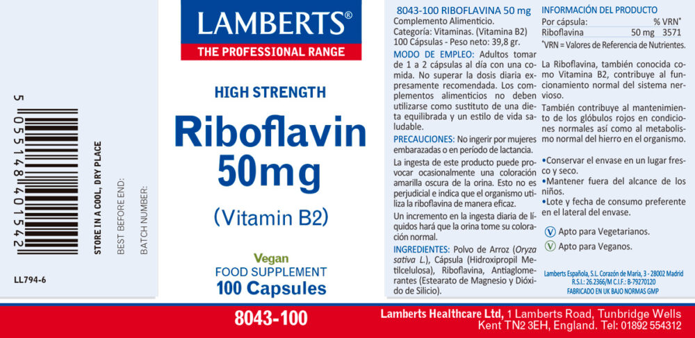 Etiqueta de la Vitamina B2 o Riboflavina Lamberts con sus propiedades e indicaciones