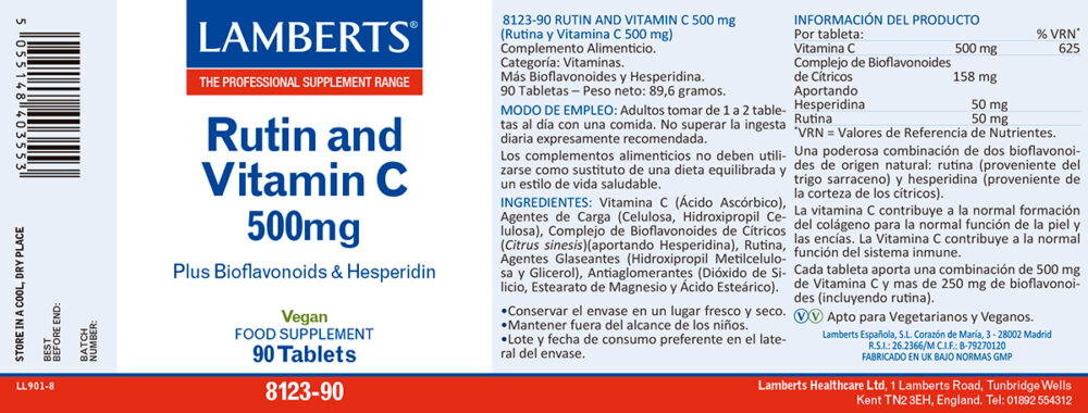 Etiqueta de la Rutina y Vitamina C 500 mg Lamberts con sus propiedades e indicaciones