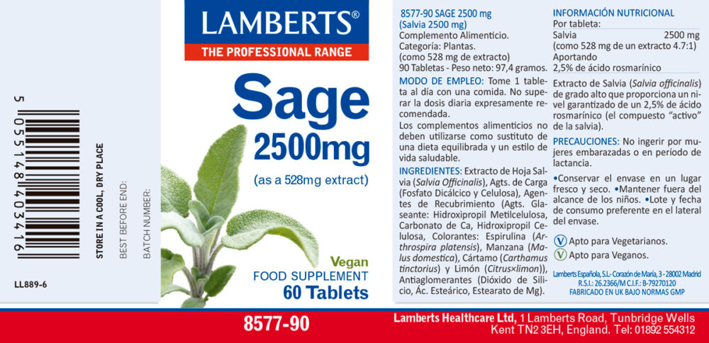 Prospecto de la Salvia 2500 mg de Lamberts con sus propiedades e indicaciones