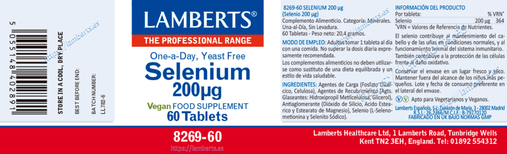 Etiqueta del Selenio 200 mcg como L-Selenometionina Lamberts con sus propiedades e indicaciones