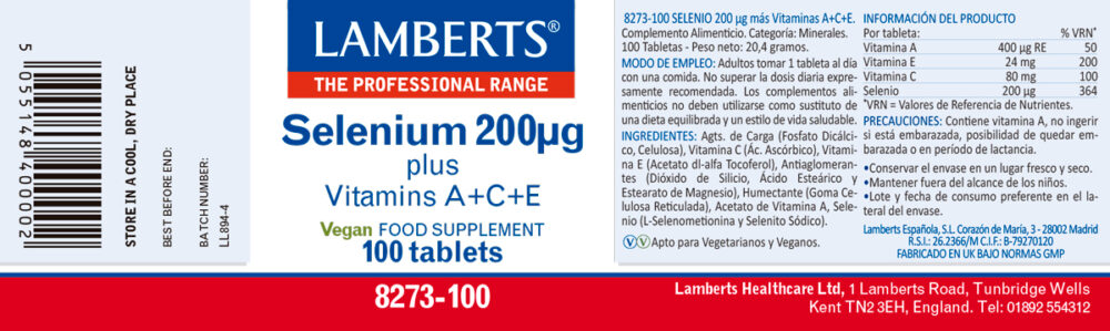 Etiqueta del Selenio 200 mcg co Vitaminas A, C y E Lamberts con sus propiedades e indicaciones