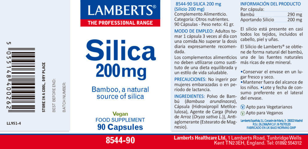 Etiqueta del Silicio Orgánico 200 mg de Lamberts con su propiedades e indicacione