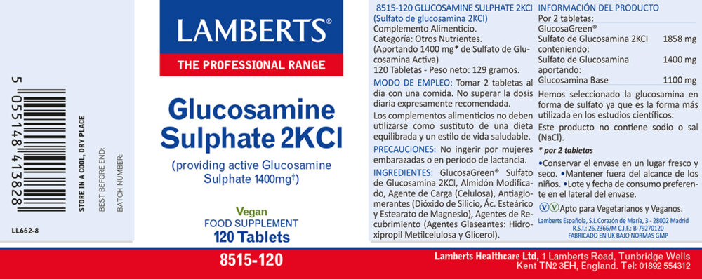 Etiqueta del Sulfato de Glucosamina 2KCl Lamberts con sus propiedades e indicaciones