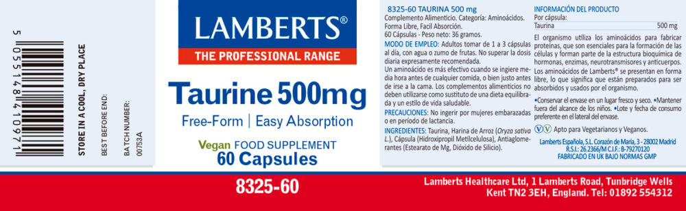 Etiqueta de la Taurina 500 mg Lamberts con sus propiedades e indicaciones