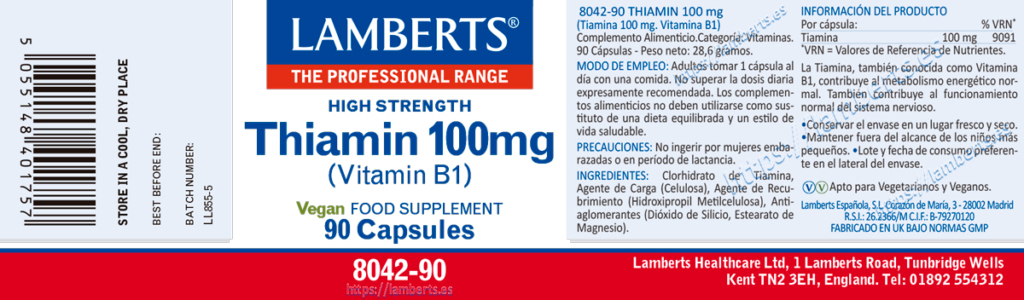 Etiqueta de la Vitamina B1 o Tiamina Lamberts con sus propiedades e indicaciones