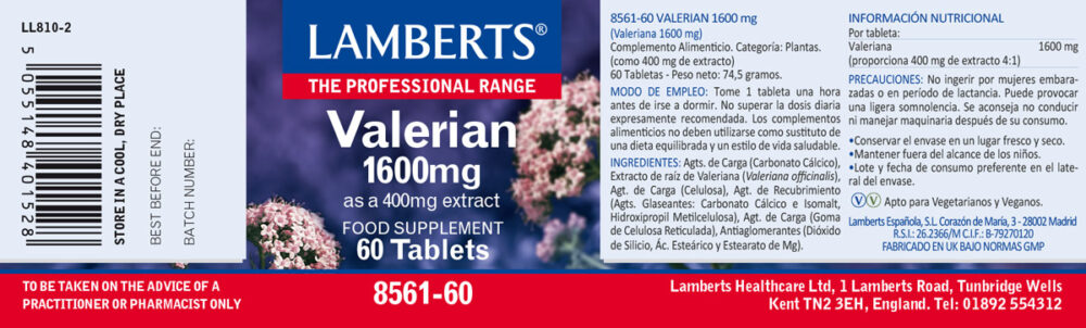 Etiqueta prospecto de la Valeriana 1.600 mg Lamberts con sus propiedades e indicaciones