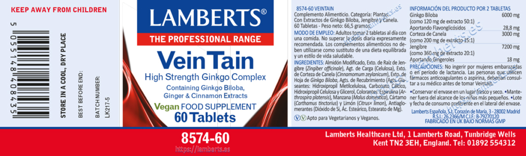Etiqueta del VeinTain® con Ginkgo Biloba, Canela y Jengibre Lamberts con sus propiedades e indicaciones