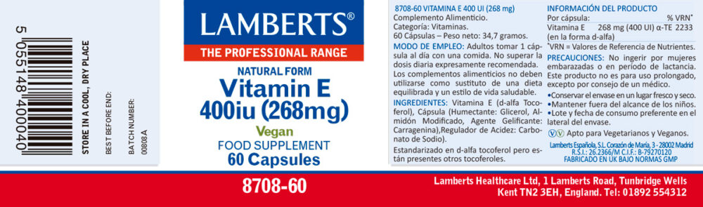 Etiqueta de la Vitamina E Natural 400 UI de 60cápsulas Lamberts con sus propiedades e indicaciones