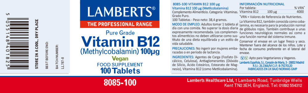 Etiqueta de la Vitamina B12 100 mcg como Metilcobalamina Lamberts con sus propiedades e indicaciones