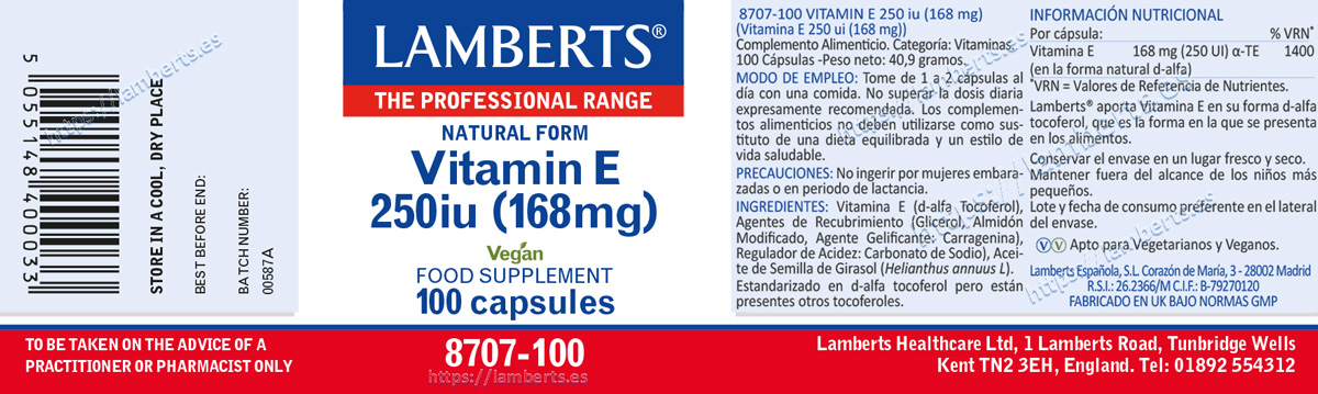 Etiqueta de la Vitamina E Natural 250 UI Lamberts con sus propiedades e indicaciones