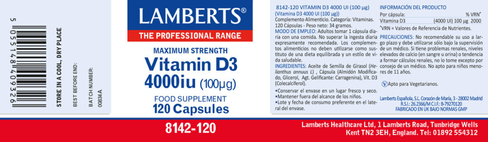 Etiqueta de la Vitamina D 4000 de Lamberts, con sus propiedades e indicaciones