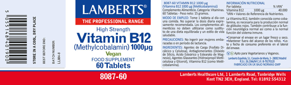 Etiqueta de la Vitamina B12 1000 mcg como Metilcobalamina Lamberts con sus propiedades e indicaciones