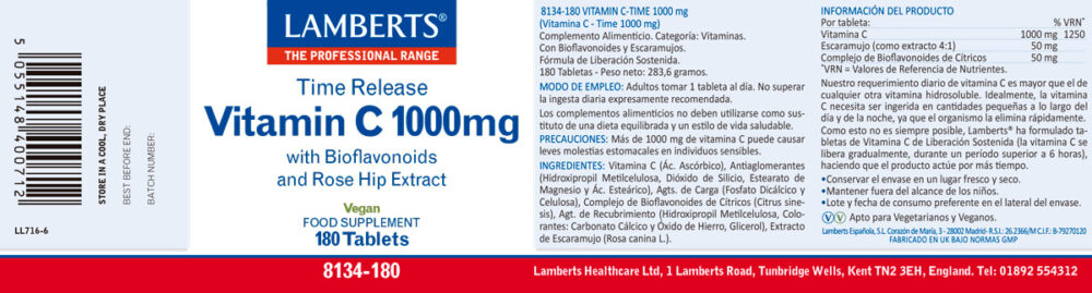 Etiqueta prospecto de la Vitamina C 1000 mg de liberación sostenida de 180 tabletas Lamberts con sus propiedades e indicaciones