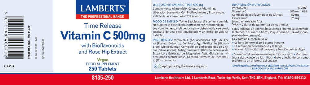 Etiqueta de la Vitamina C 500 mg de liberación Sostenida de 250 tabletas Lamberts con sus propiedades e indicaciones