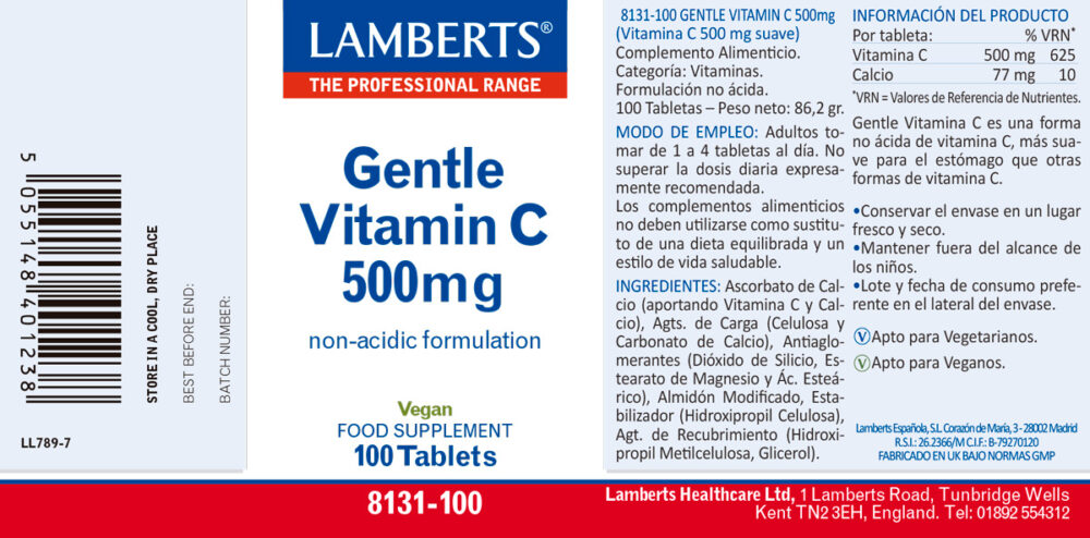 Etiqueta de la Vitamina C 500 mg en forma suave, no ácida Lamberts con sus propiedades e indicaciones
