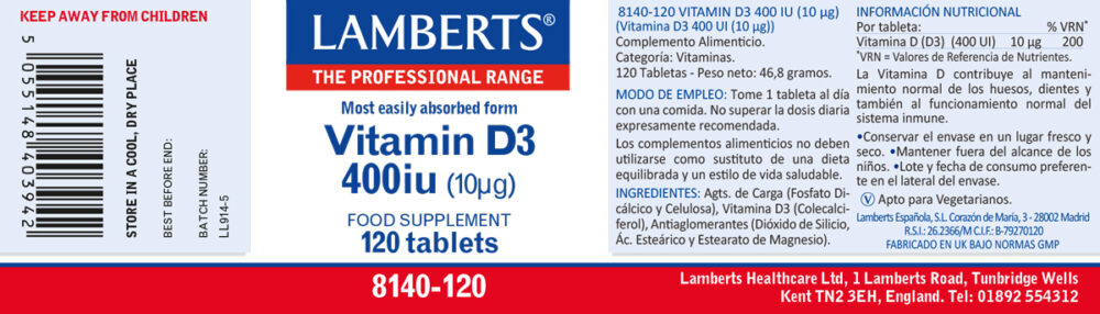 Etiqueta de la Vitamina D como D3 4000 UI Lamberts con sus propiedades e indicaciones