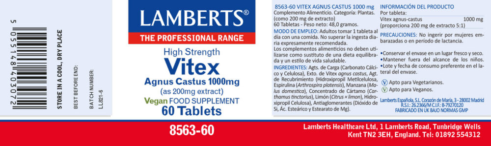 Etiqueta del Vitex Agnus Castus 1000 mg Lamberts con sus propiedades e indicaciones