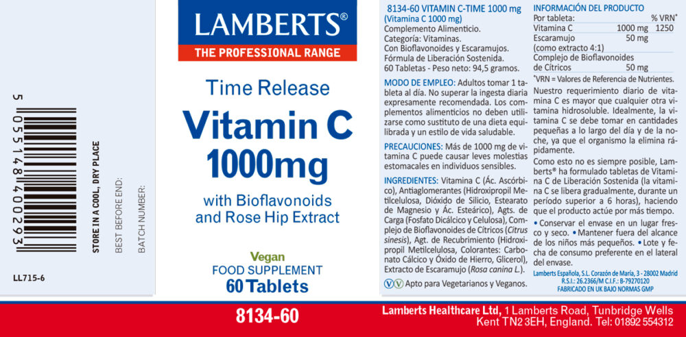Etiqueta de la Vitamina C 1000 mg de liberación sostenida 60 tabletas Lamberts con sus propiedades e indicaciones