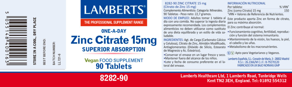 Etiqueta del Zinc 15 mg de 90 tabletas Lamberts con sus propiedades e indicaciones