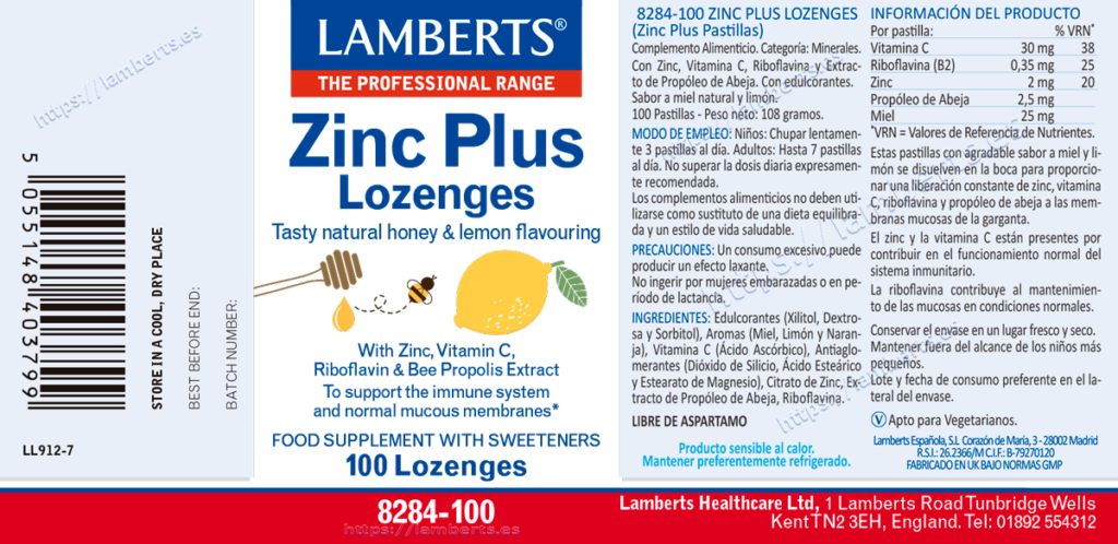 Etiqueta del ZInc Plus de Lamberts con sus propiedades e indicaciones