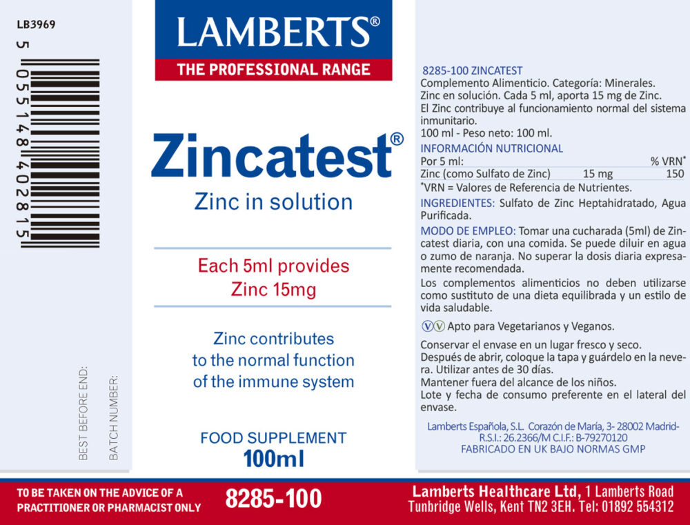 Etiqueta del Zincatest®. Zinc liquido Lamberts con sus propiedades e indicaciones