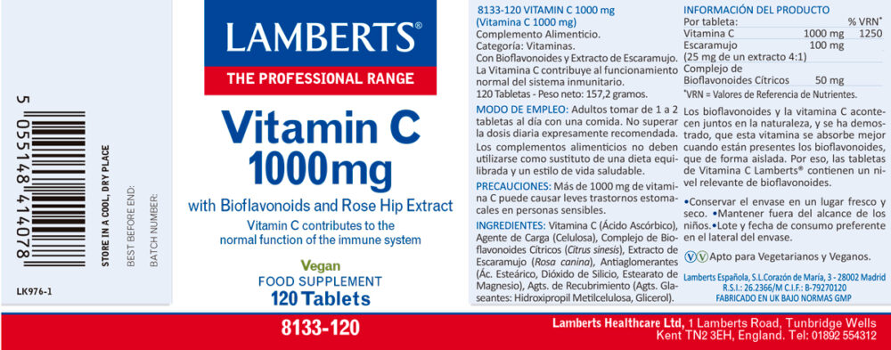 Etiqueta de la Vitamina C 1000 mg con Bioflavonoides y Escaramujo de 60 tabletas Lamberts con sus propiedades e indicaciones