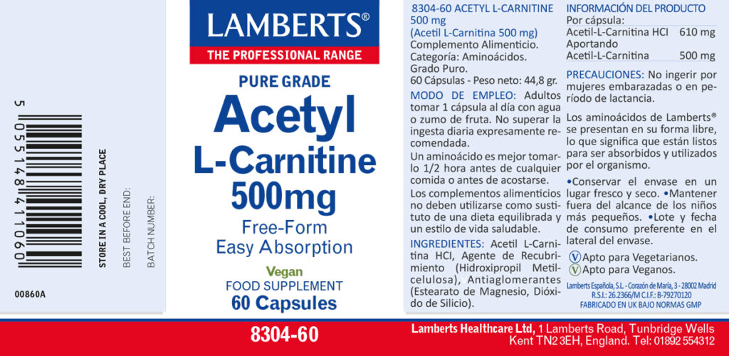 Etiqueta de la Acetil L-Carnitina 500 mg Lamberts con sus propiedades e indicaciones