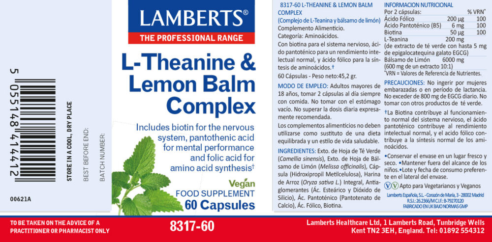 Etiqueta del Complejo de L-Teanina 200 mg y Bálsamo de Limón 6000 mg Lamberts con sus propiedades e indicaciones