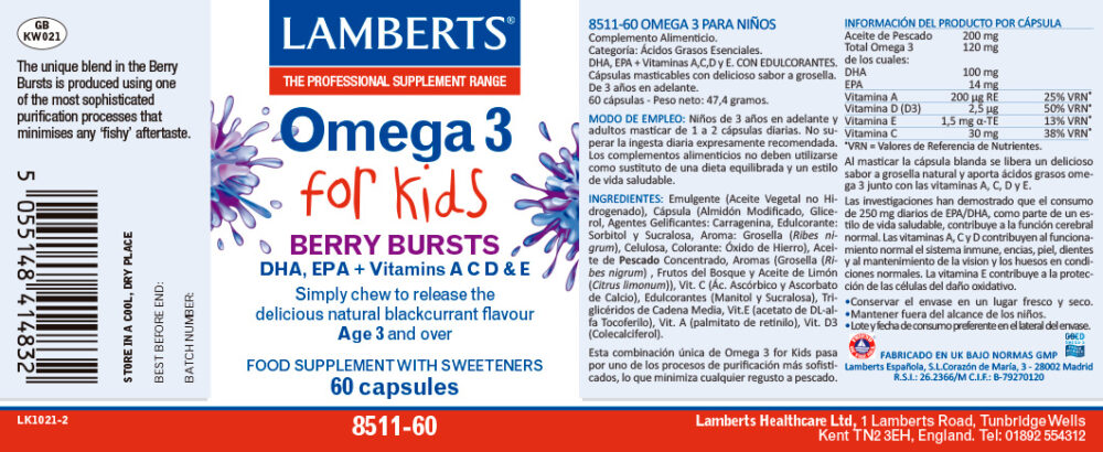 Etiqueta del Omega 3 para niños Lamberts con sus propiedades e indicaciones