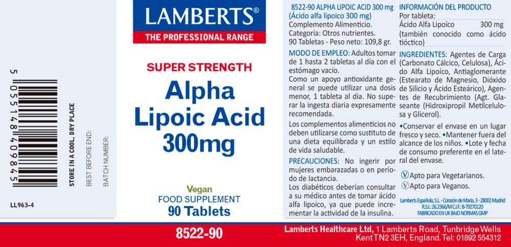 Etiqueta del Ácido Alfa Lipoico 300 mg Lamberts con sus propiedades e indicaciones