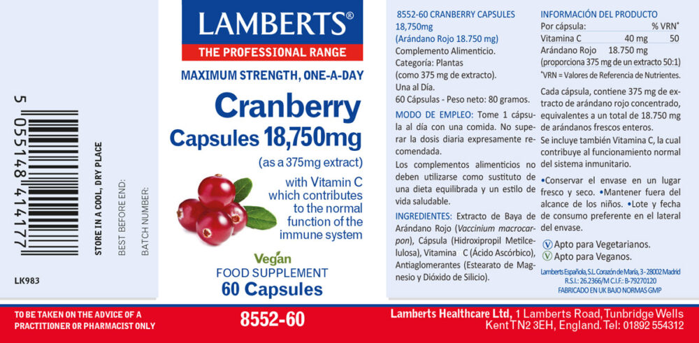 Etiqueta del Arándano Rojo 18.750 mg Lamberts con sus propiedades e indicaciones