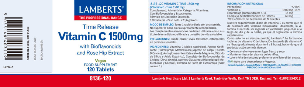 Etiqueta de la Vitamina C 1500 mg de liberación Sostenida de 120 tabletas Lamberts con sus propiedades e indicaciones