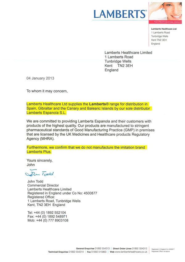 Lamberts Española Autenticidad-Comunicado por Lamberts Healthcar-Ingles