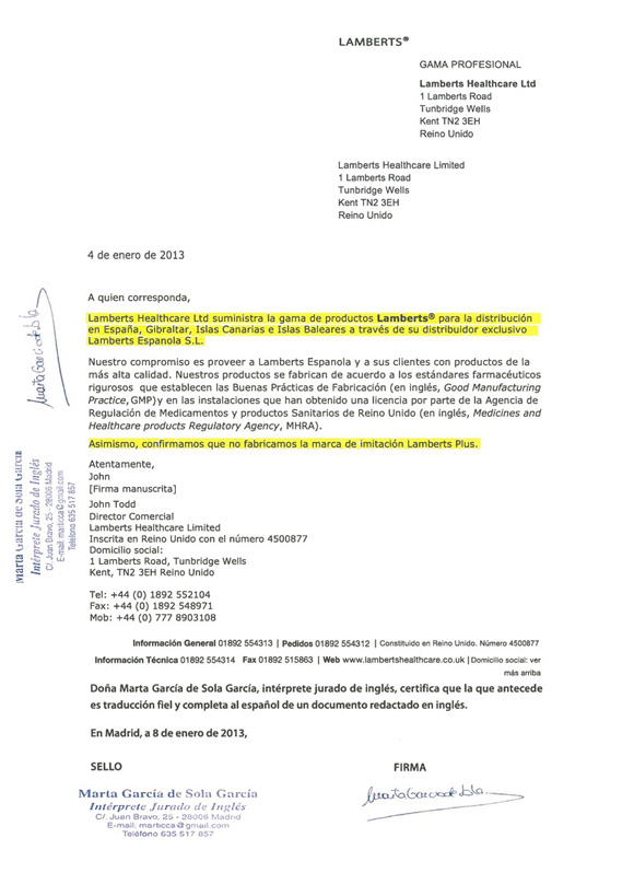 Certificado Lamberts UK: No fabricación de productos de imitación Lamberts Plus vendidos por Lamberts Gestión.