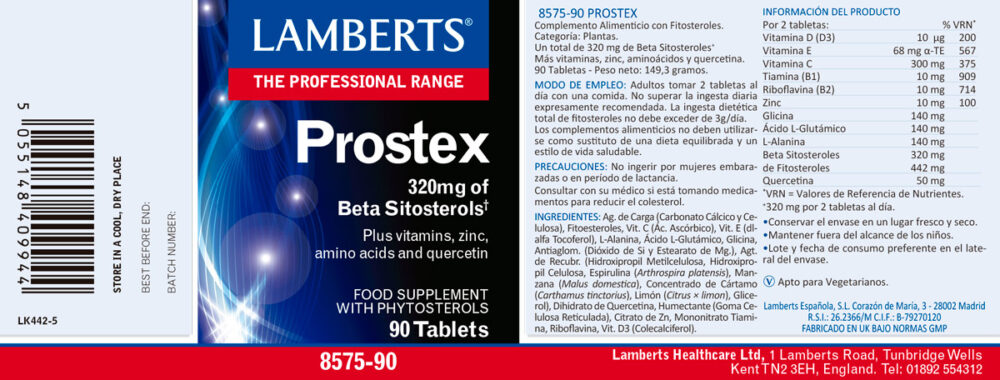 Prospecto Etiqueta del Prostex® con Beta Sitosteroles Lamberts con sus propiedades e indicaciones