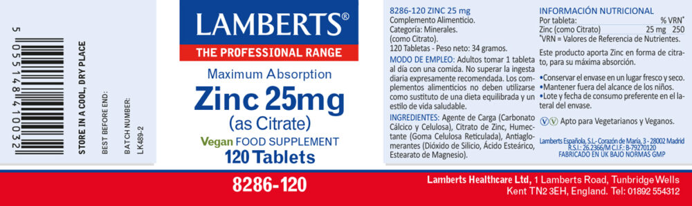 Etiqueta del Zinc 25 mg Lamberts con sus propiedades e indicaciones