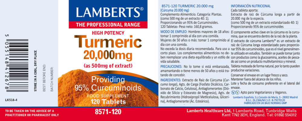 Etiqueta de la Cúrcuma o Turmeric 20.000 mg Lamberts con sus propiedades e indicaciones. 120 tabletas