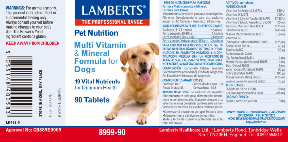 Etiqueta del Multivitaminas y Minerales para perros Lamberts con sus propiedades e indicaciones