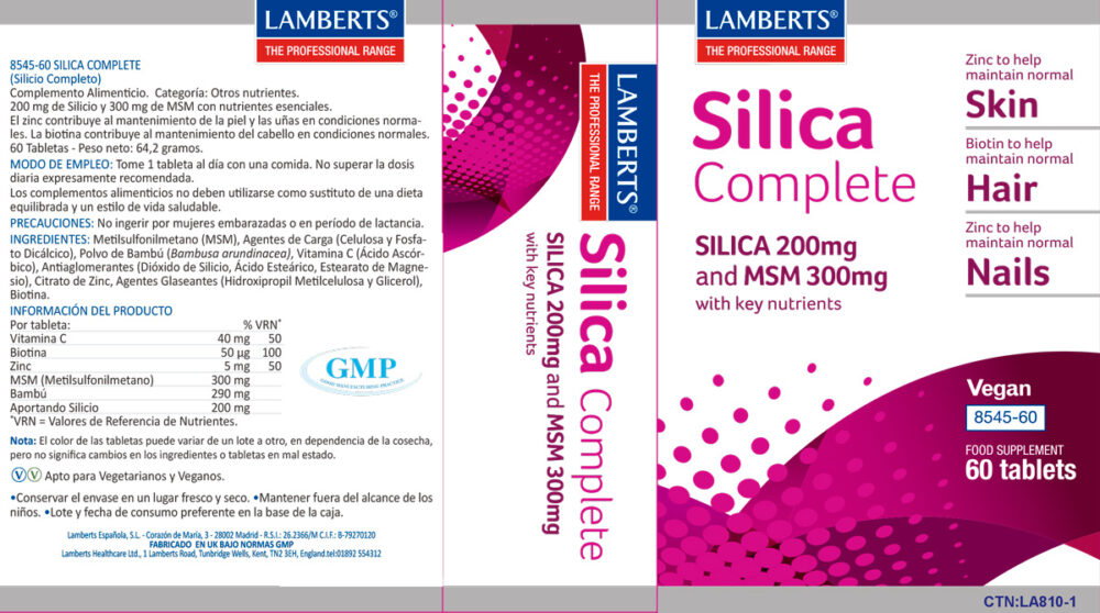 Etiqueta del Silica Complete Lamberts con sus propiedades e indicaciones