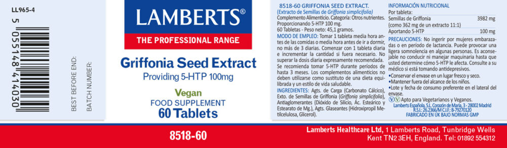 Etiqueta del Extracto de Semilla de Grifonnia, 5-HTP Lamberts