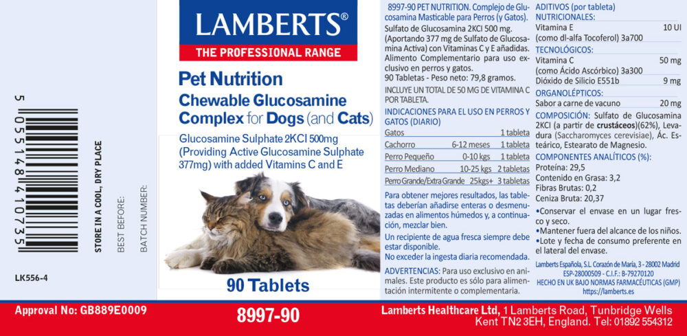 Etiqueta del Complejo de Glucosamina Masticable para perros y gatos Lamberts con sus propiedades e indicaciones