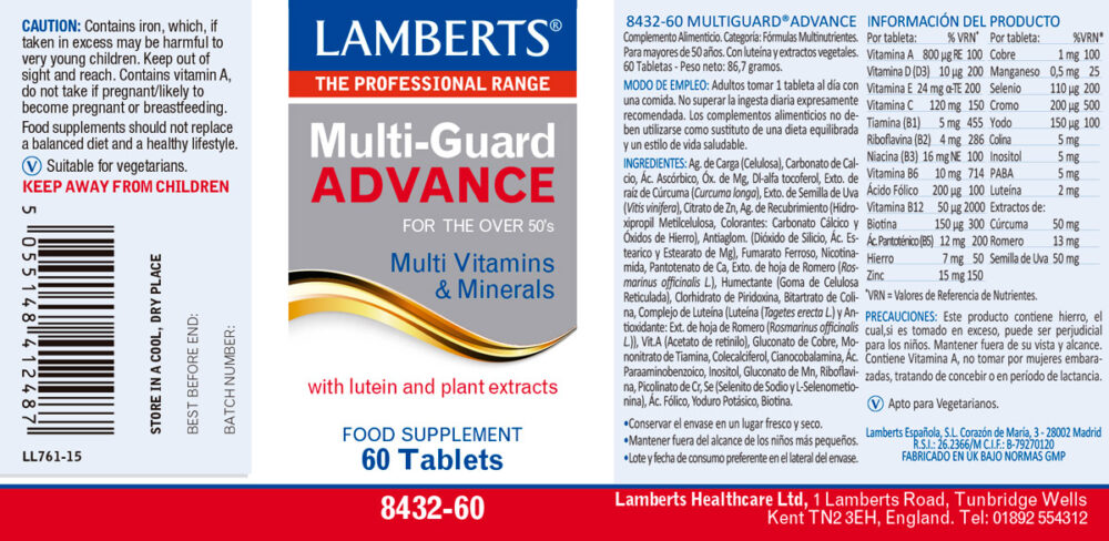 Etiqueta del Multivitamínico Multi-Guard® Advance Lamberts con sus propiedades e indicaciones