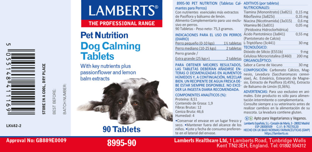 Etiqueta de las tabletas calmantes para perros de Lamberts, con sus propiedades e indicaciones