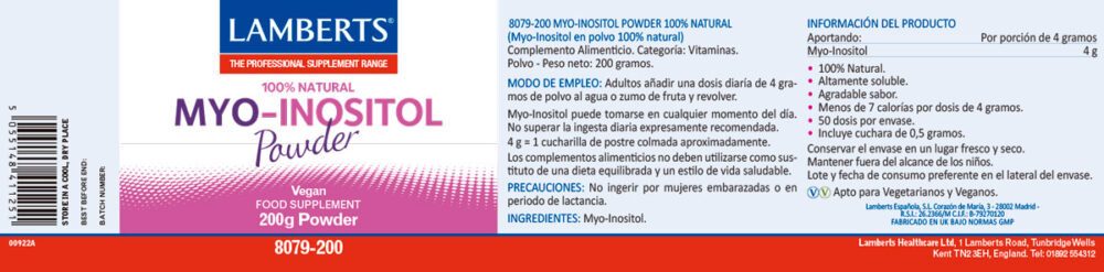 Etiqueta del MYO Inositol Lamberts con sus propiedades e indicaciones