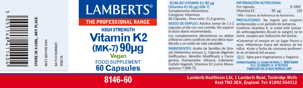 Etiqueta prospecto de la Vitamina K2 90 mcg como Menaquinona-7 Lamberts con sus propiedades e indicaciones